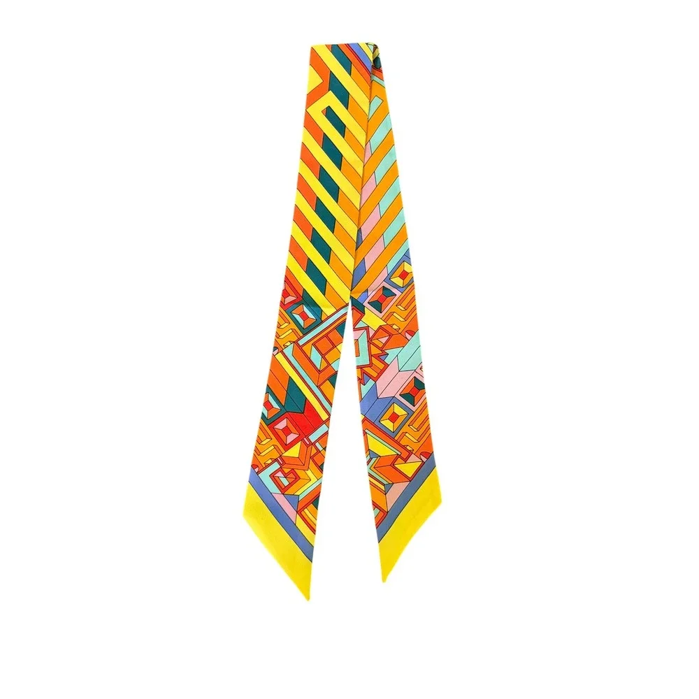 French Silk Skinny Scarf Geometric Print Twilly Multicolor Made in France